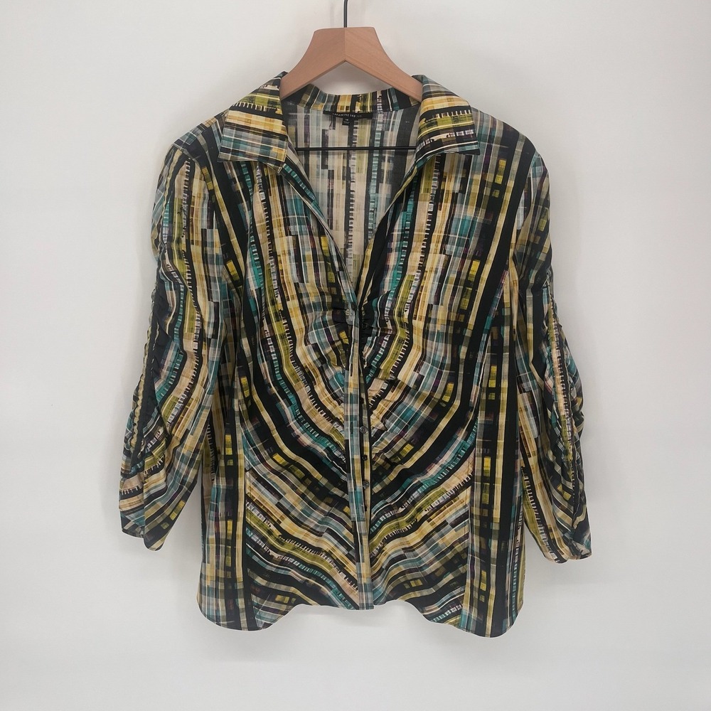 Lafayette 148 Button Down Womens 14 Multi Ruched Stripe Cotton Stretch Blouse